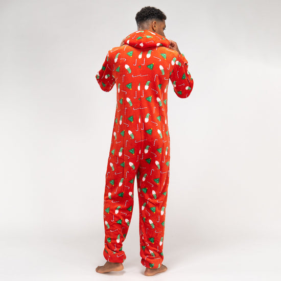 Férfi Egyrészes Plüss Kezeslábas - Piros Karácsonyi Minta 05