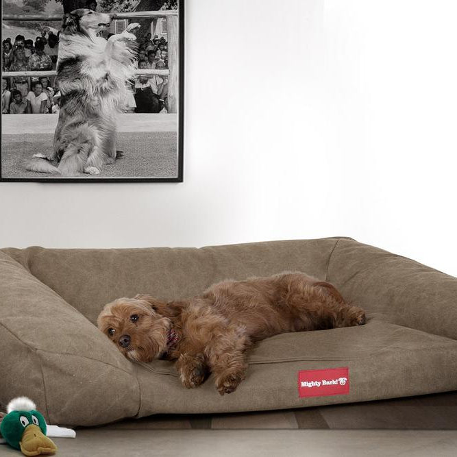 Mighty Bark, A Kanapé - Ortopédiai memóriahabos kutyaágy-kanapé, nagy, közepes, XXL - Kőmosott Denimvászon Föld