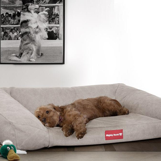 Mighty Bark, A Kanapé - Ortopédiai memóriahabos kutyaágy-kanapé, nagy, közepes, XXL - Kőmosott Denimvászon Ón
