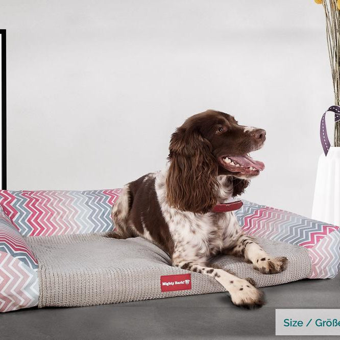 Mighty Bark, A Kanapé - Ortopédiai memóriahabos kutyaágy-kanapé, nagy, közepes, XXL - Geometriai Minta Rózsaszínű