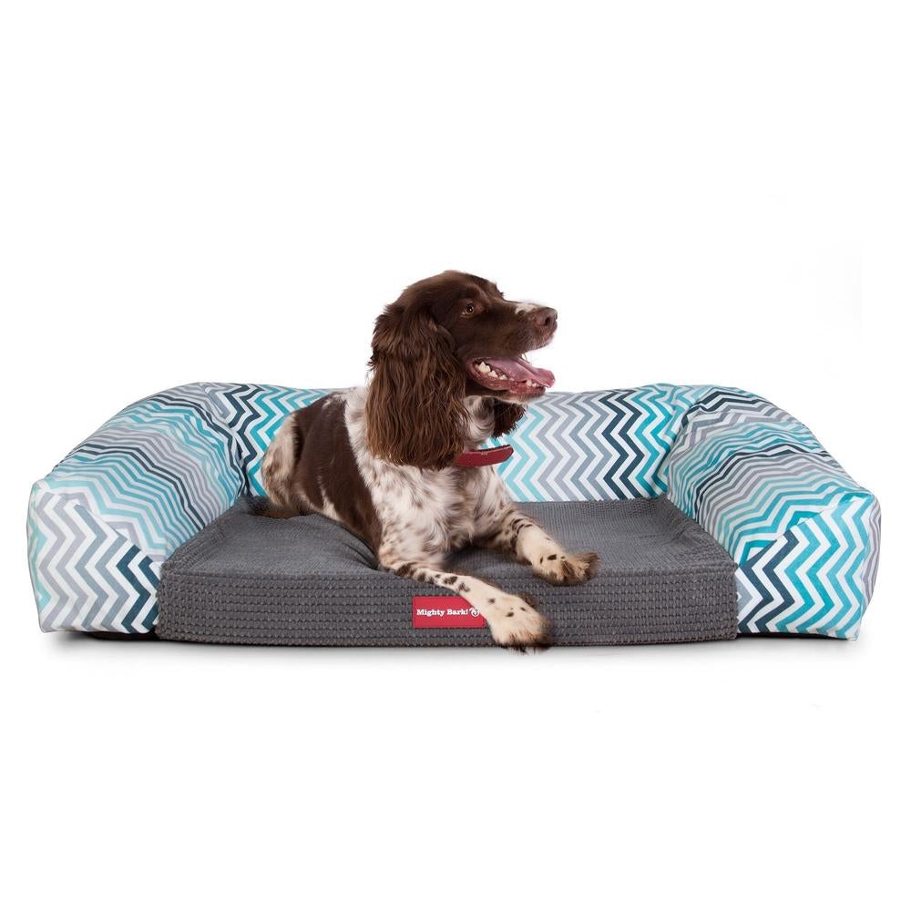 Mighty Bark, A Kanapé - Ortopédiai memóriahabos kutyaágy-kanapé, nagy, közepes, XXL - Geometriai Minta Pávakék