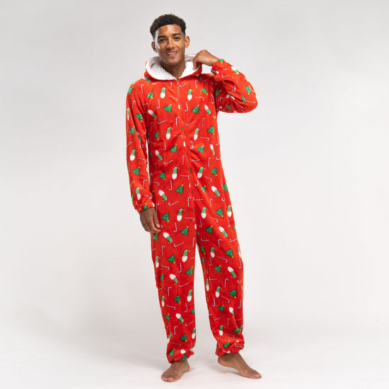 Férfi Egyrészes Plüss Kezeslábas - Piros Karácsonyi Minta 01