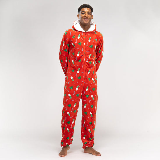 Férfi Egyrészes Plüss Kezeslábas - Piros Karácsonyi Minta 02