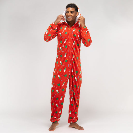 Férfi Egyrészes Plüss Kezeslábas - Piros Karácsonyi Minta 03