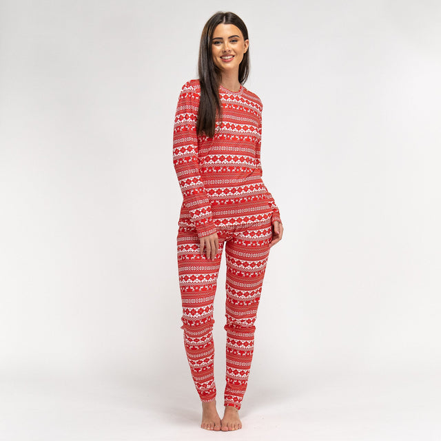 Női Jersey Pizsama - Piros Fair Isle 01